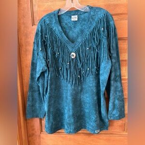 Bridge/ Vvintage 80/90’s /Scully Teal/ V-Neck /Fringe cowgirl top/ size L